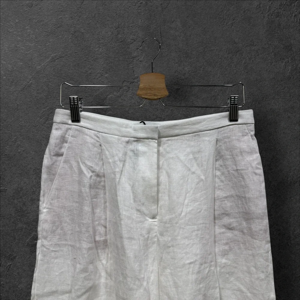 Mango MNG White 100%‎ Linen Wide Leg Pleated Trousers High Rise Women Size 6